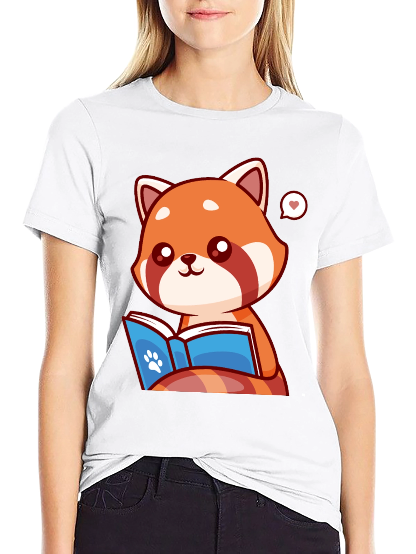 Black Cute Red Panda Reading Book Graphic Tee view 9