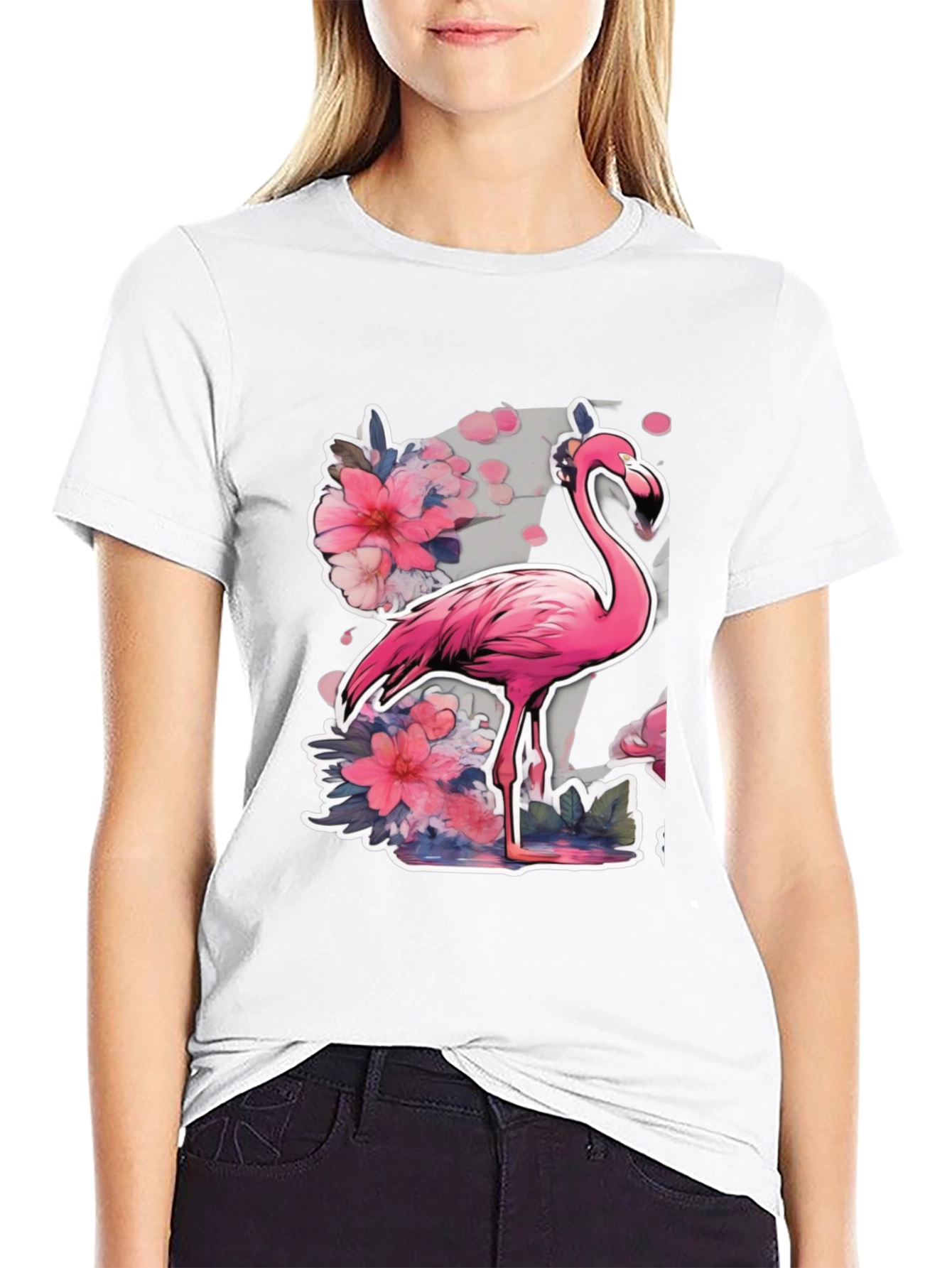 Black Stylish Flamingo Floral Graphic Tee - Black view 9