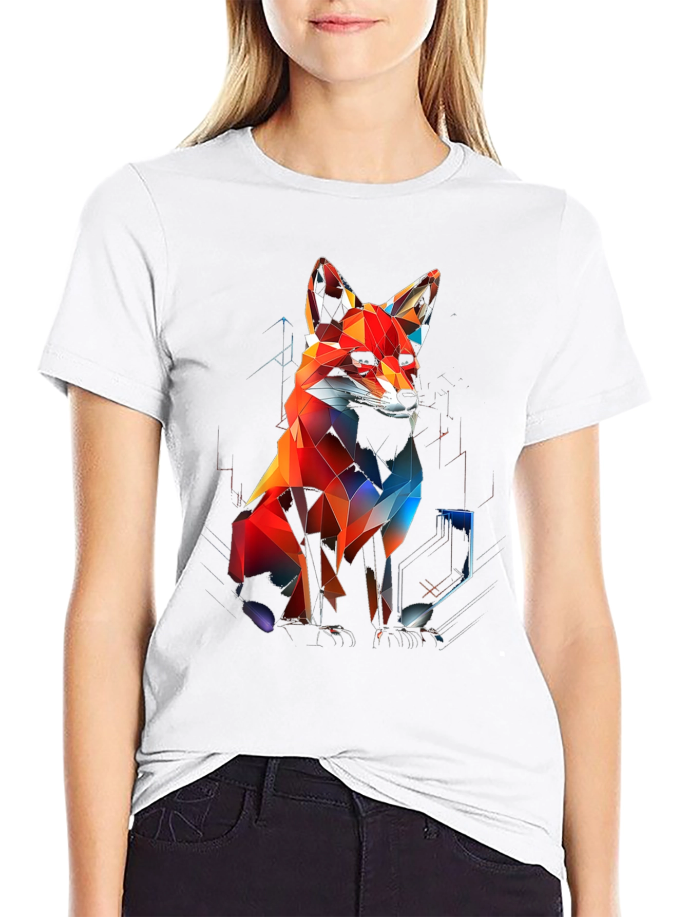 Black Geometric Fox Graphic Black T-Shirt view 9