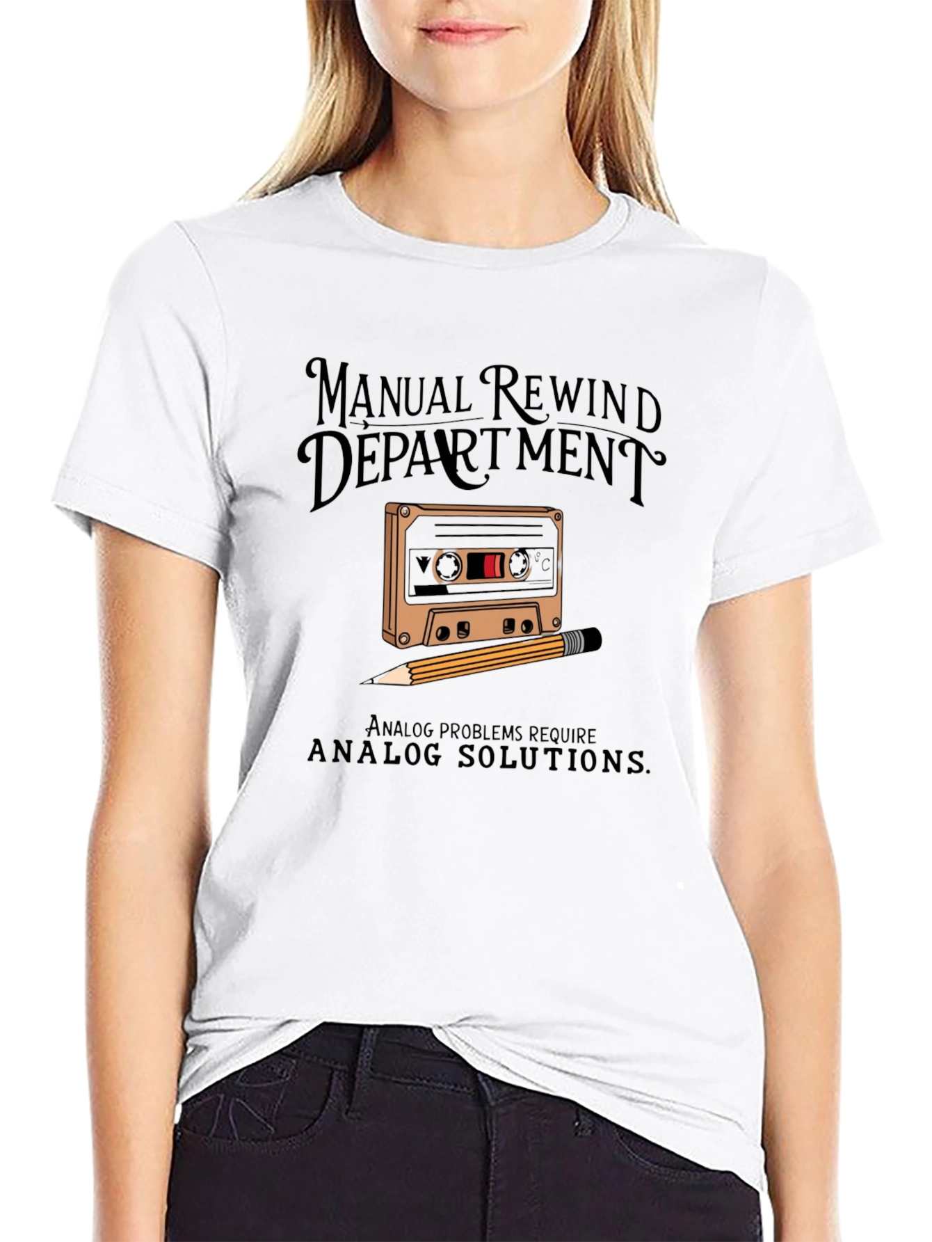Black Manual Rewind Department Cassette Tape T-Shirt view 9