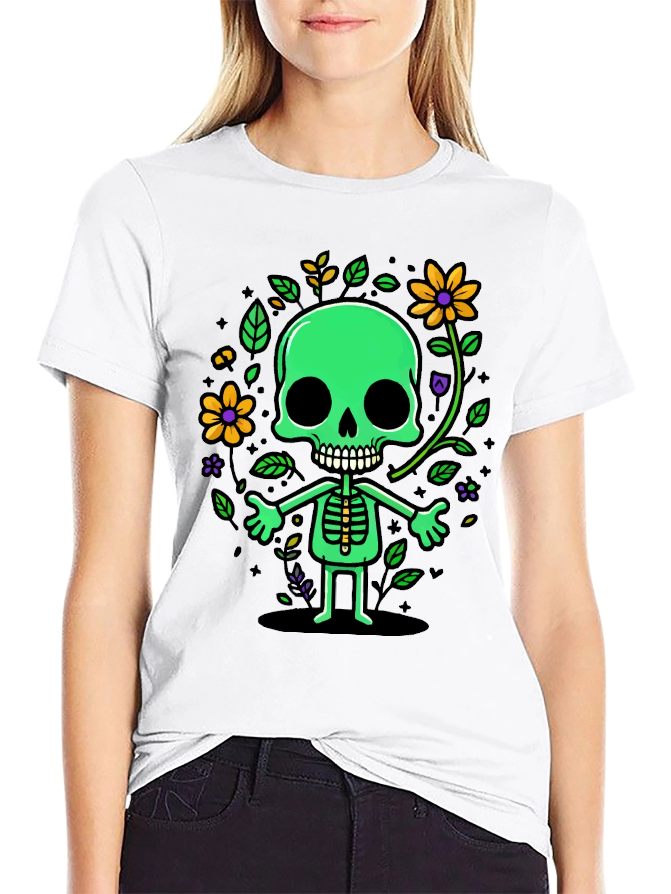 Black Green Floral Skeleton Graphic Tee view 9