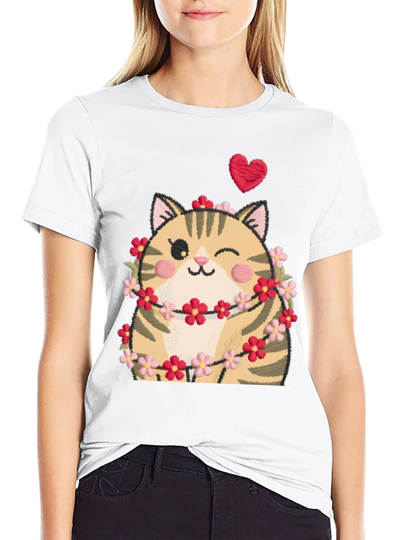 Black Cute Cat in Flowers Black T-Shirt view 9