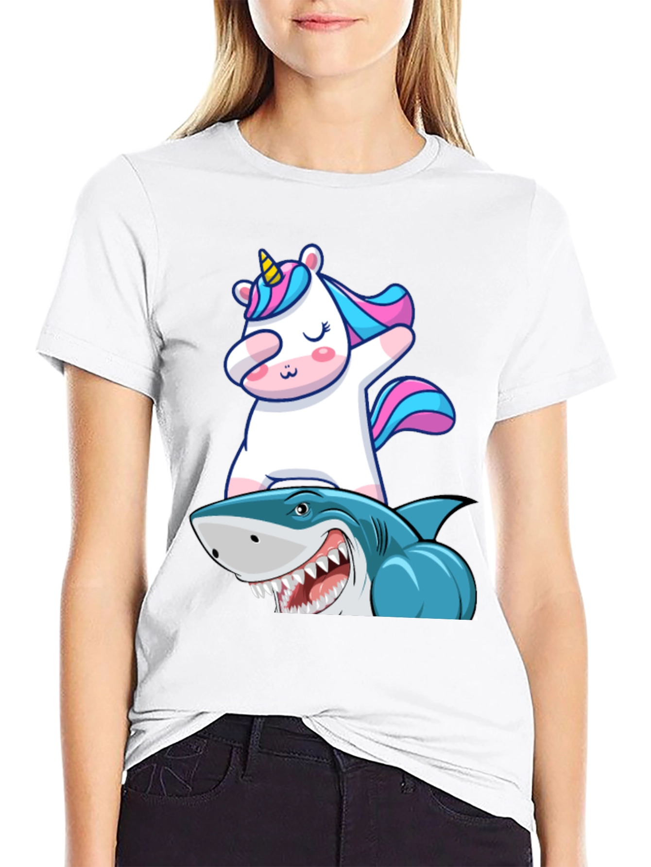 Black Unicorn Dabbing on Shark Graphic Tee view 9