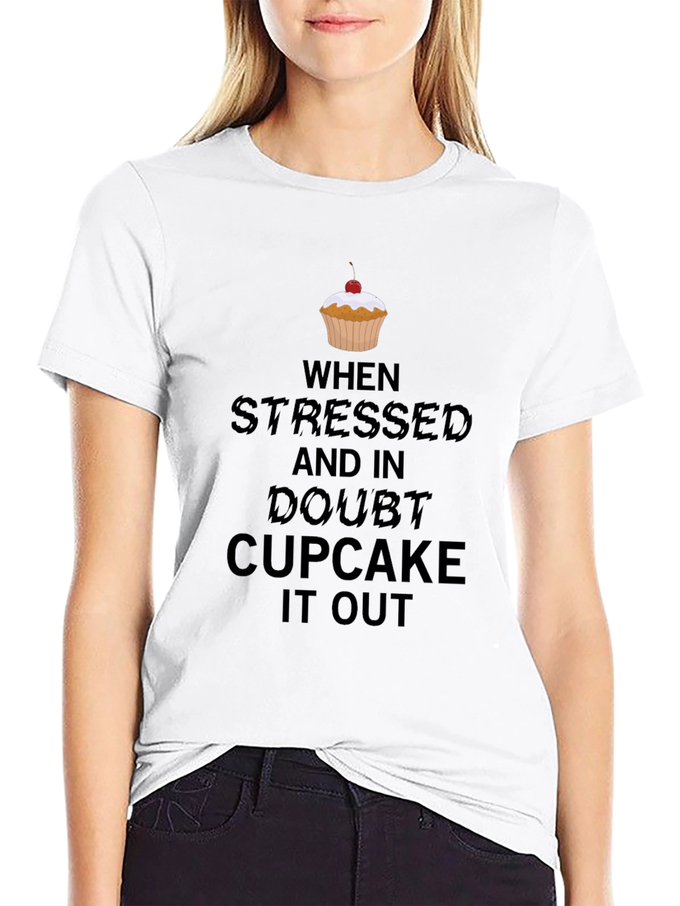 Black Stressed? Cupcake It Out Black Graphic Tee view 9