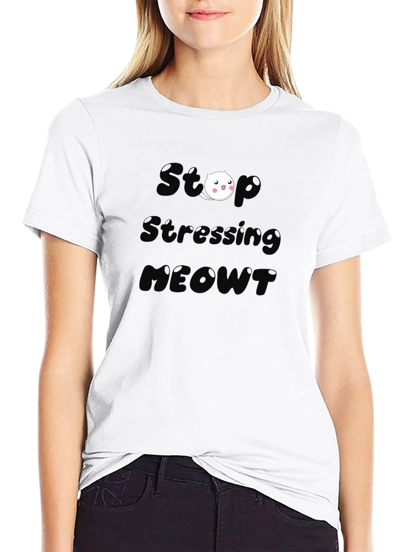 Black Stop Stressing MEOWT Black T-Shirt view 9