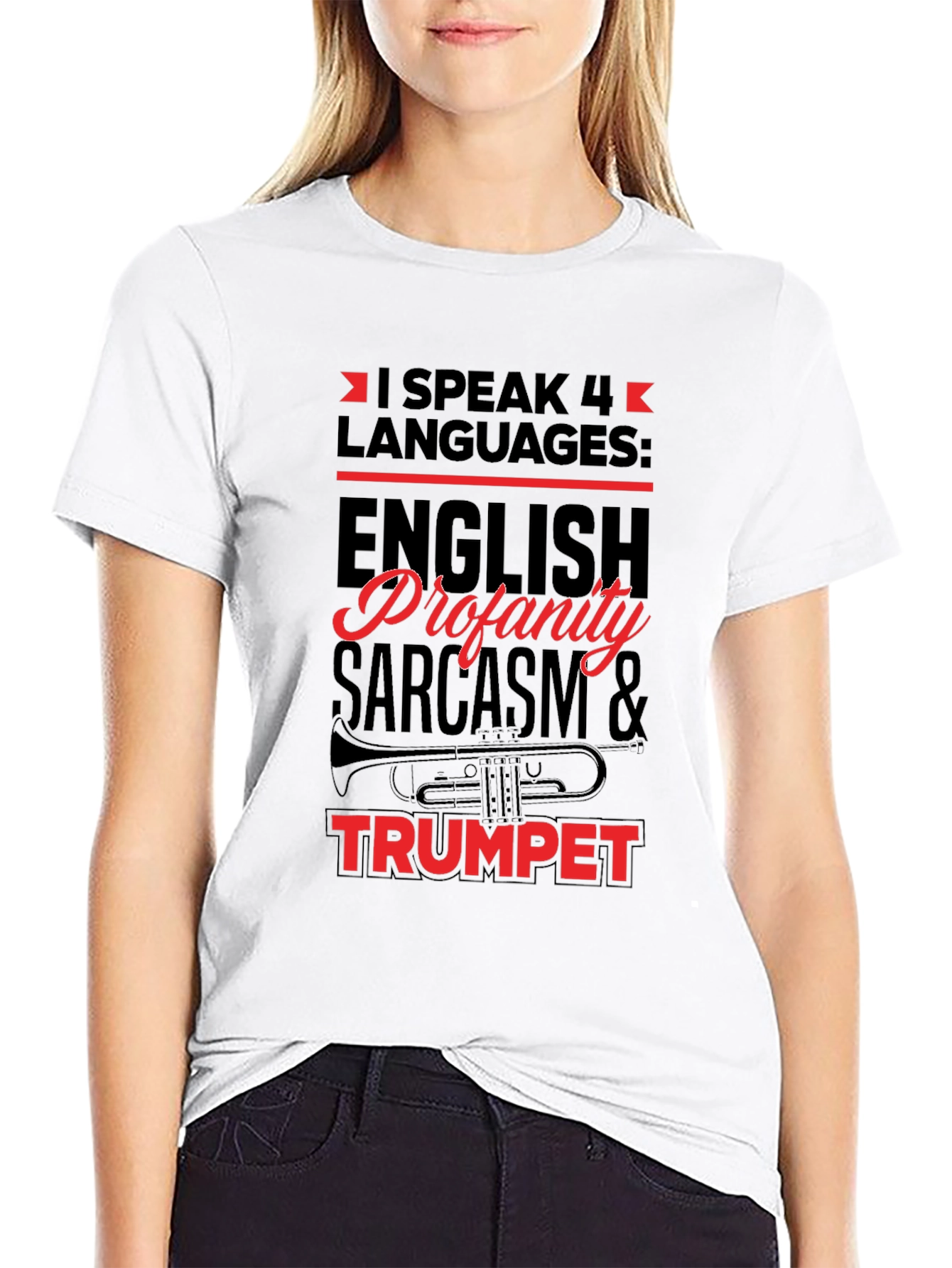 Black I Speak 4 Languages Trumpet Black T-Shirt view 9
