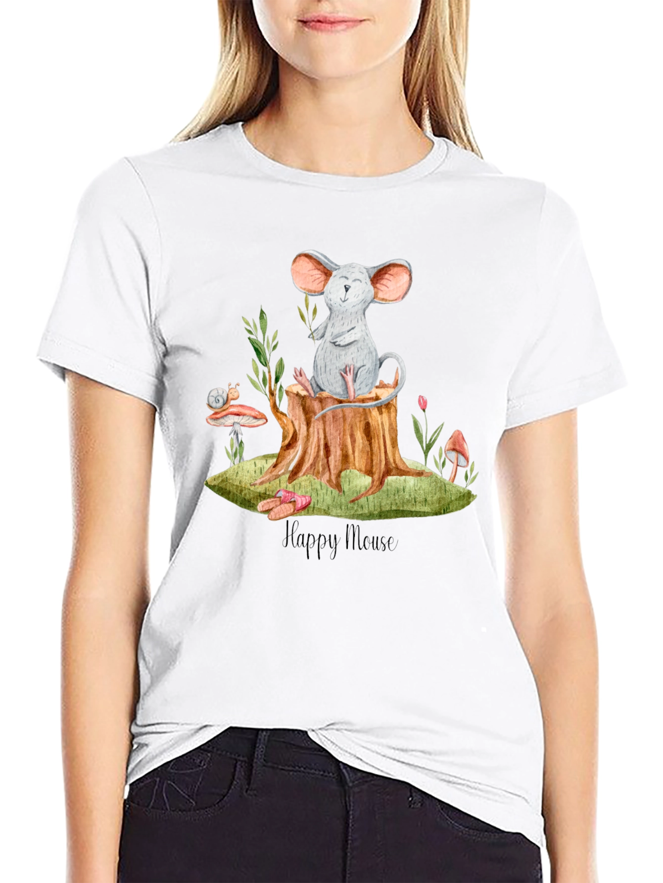 Black Happy Mouse Graphic Tee - Black Cotton T-Shirt view 9