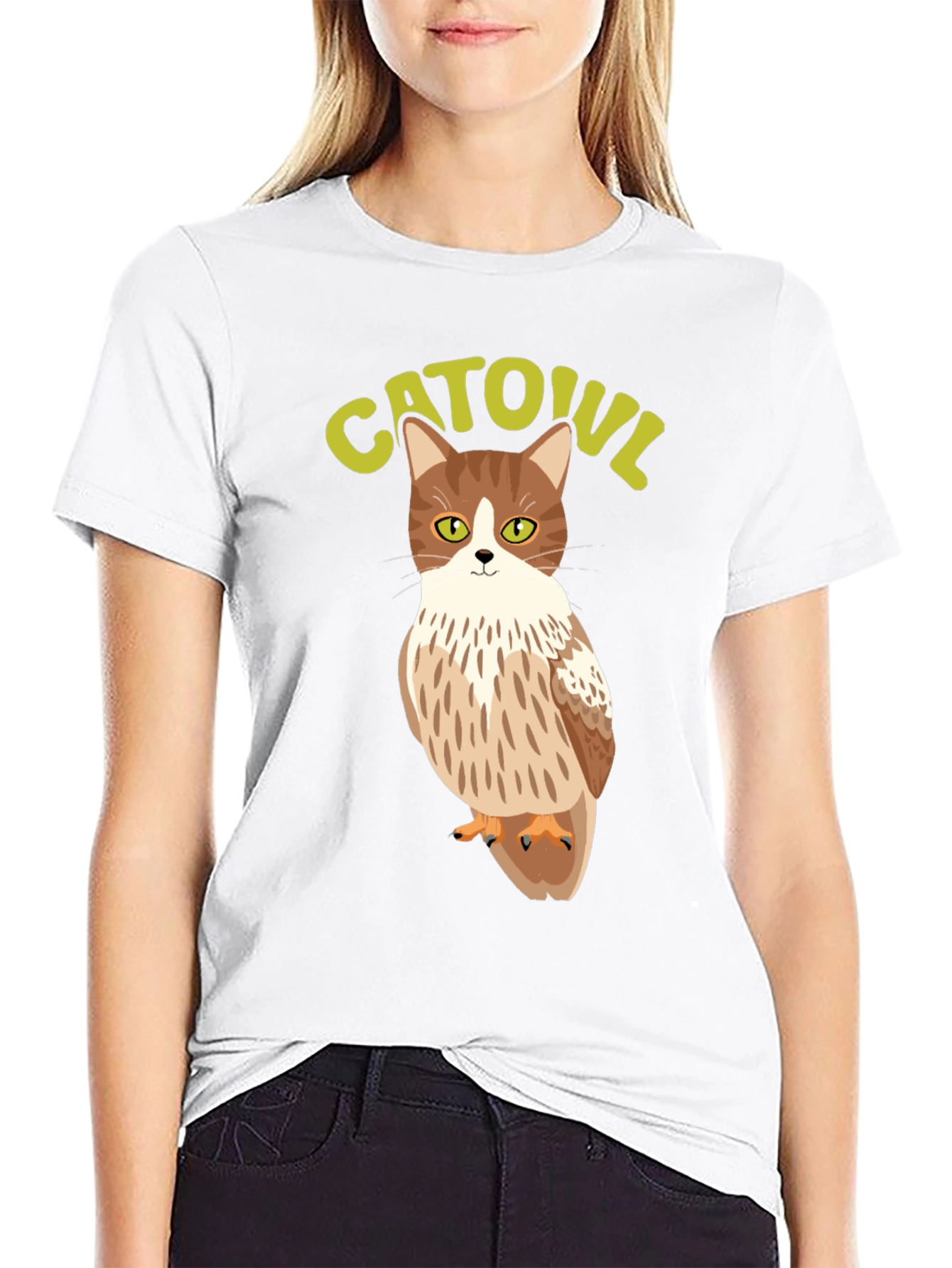 Black CATOUL T-Shirt - Cat Owl Hybrid Graphic Tee view 9