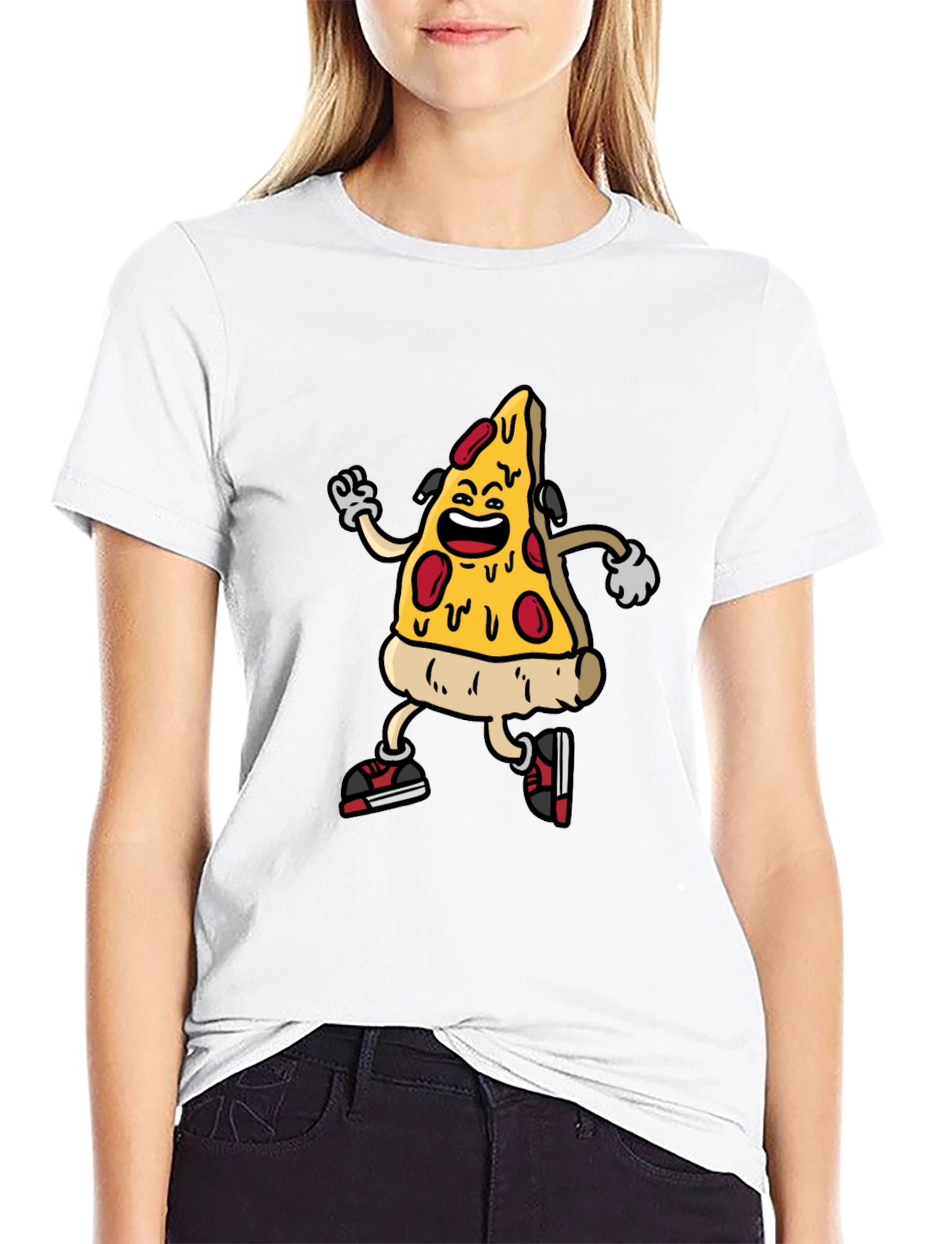 Black Cartoon Pizza Slice Graphic Tee - Black Cotton Blend Shirt view 9