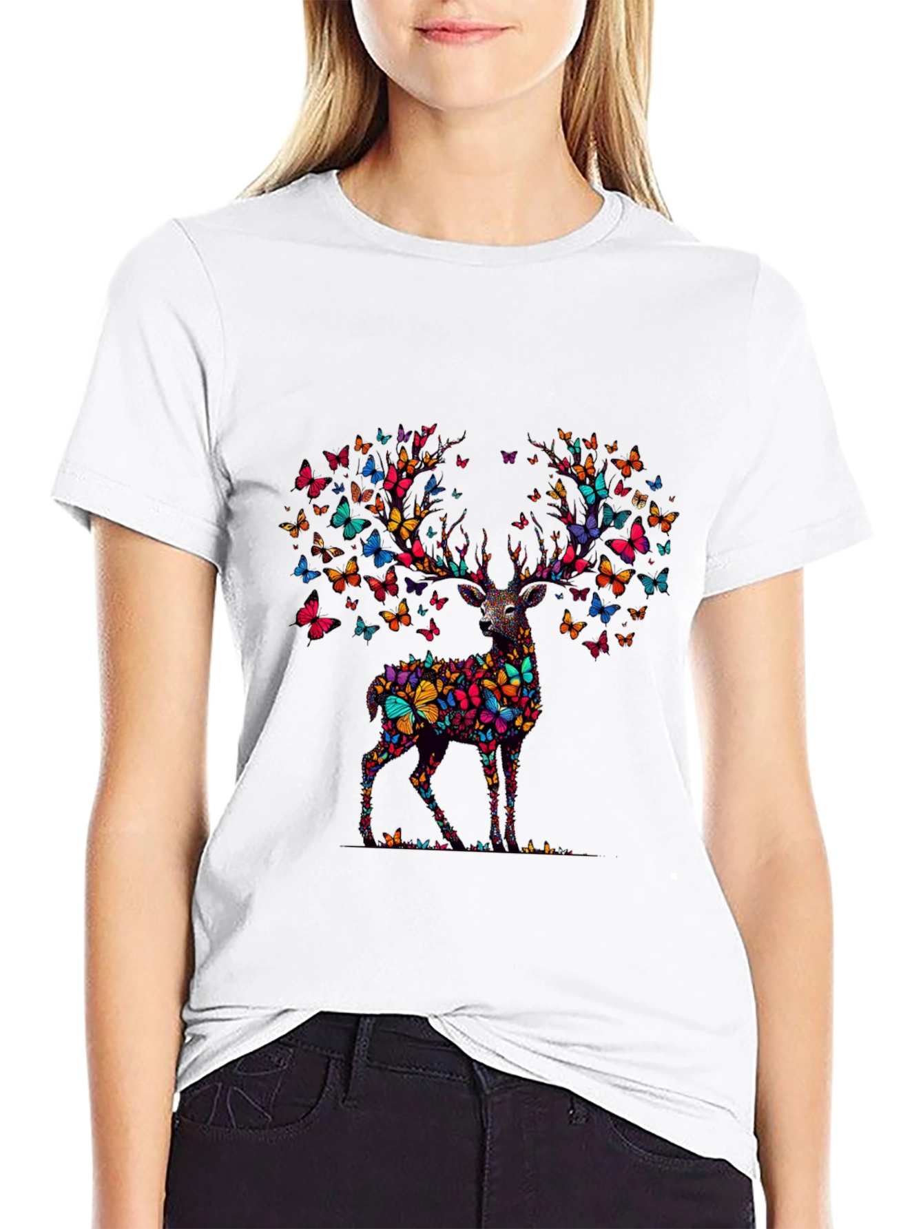 Black Butterfly Deer Graphic Black T-Shirt view 9