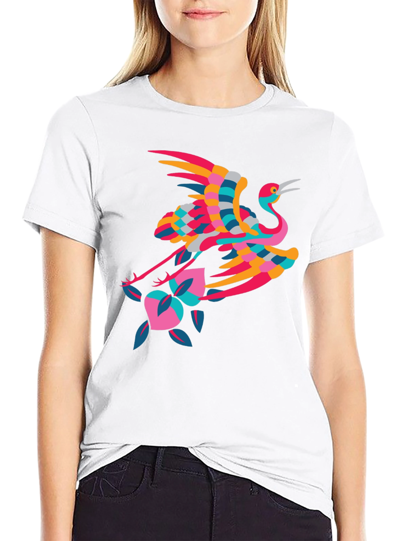 Stylish Crane Graphic Black T-Shirt - 9