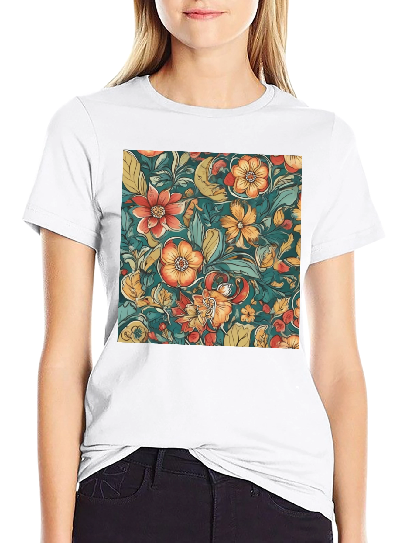 Black Floral Pattern Black T-Shirt view 9