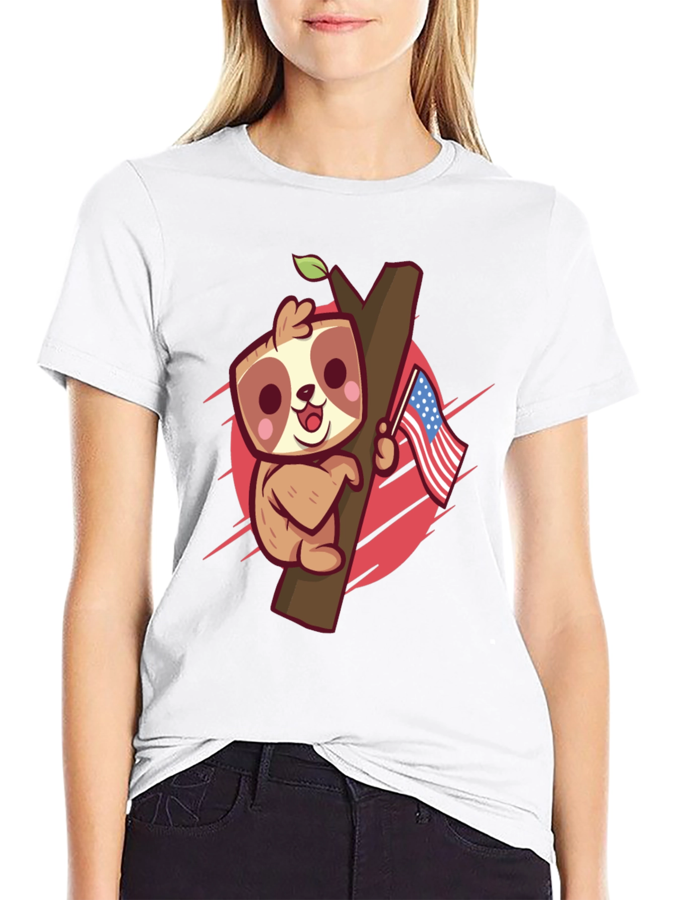 Black Cute Sloth Holding US Flag Graphic Tee view 9