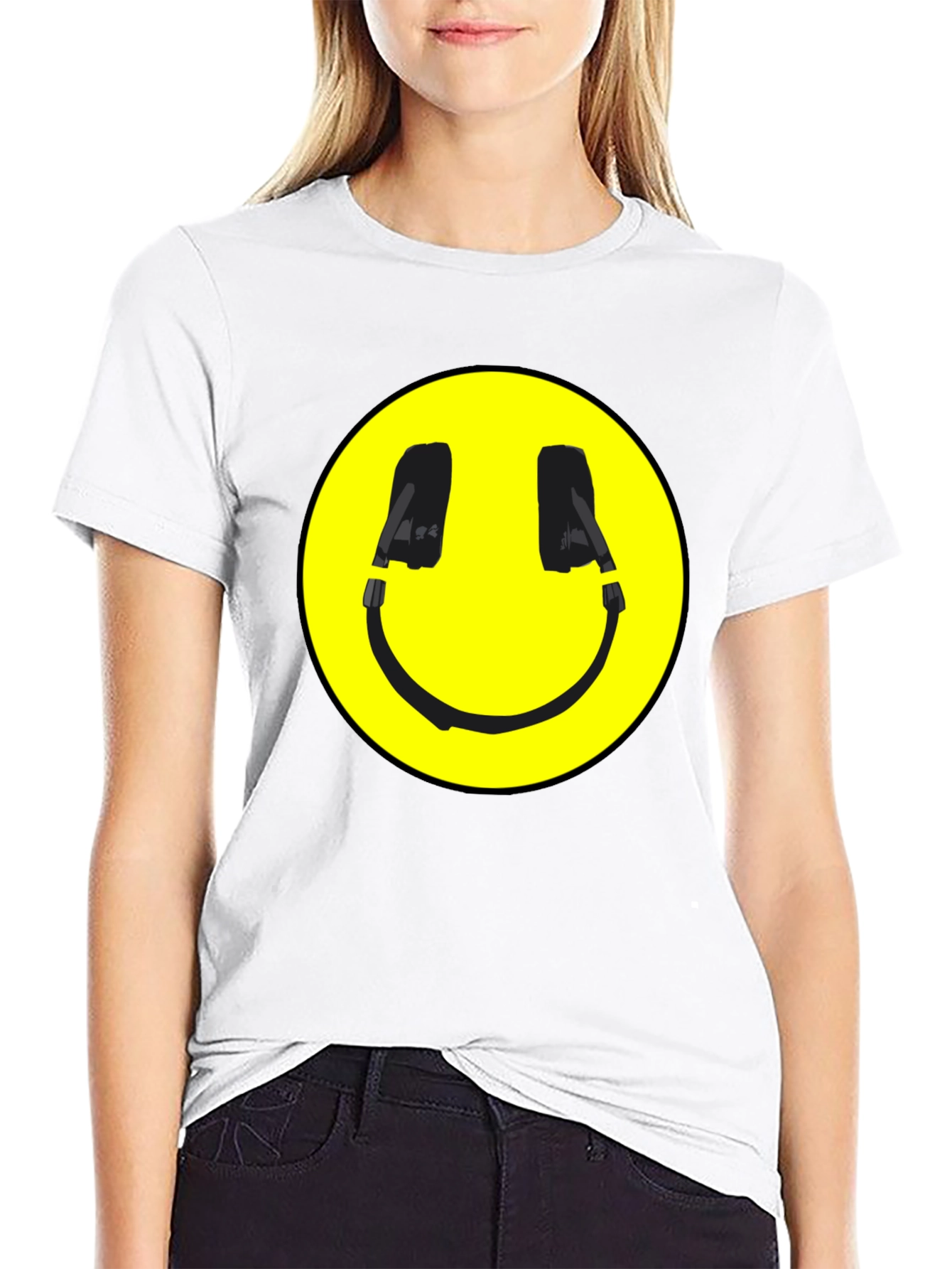Black Smiley Face Headphone Graphic Black T-Shirt view 9