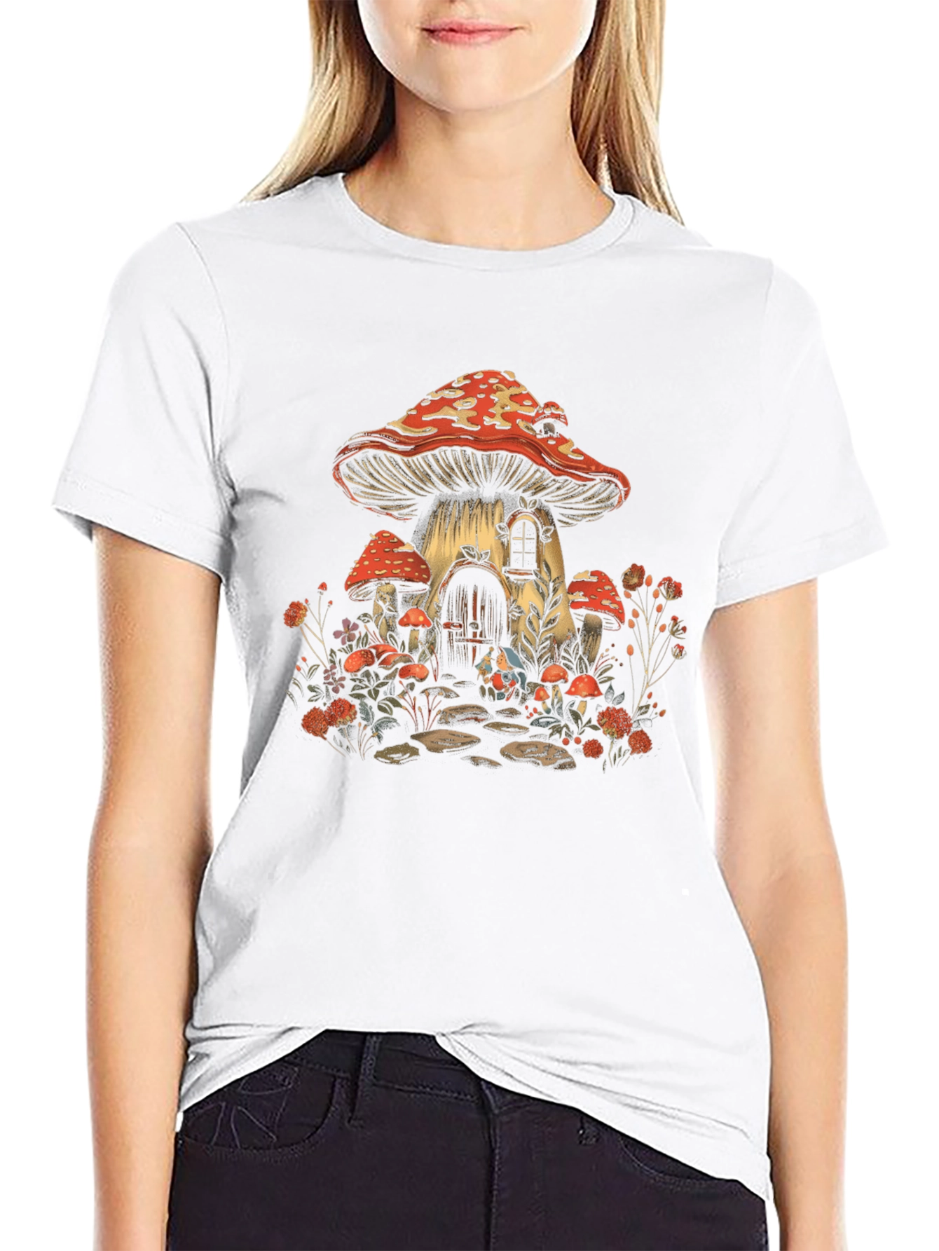 Black Whimsical Mushroom House Graphic Tee view 9