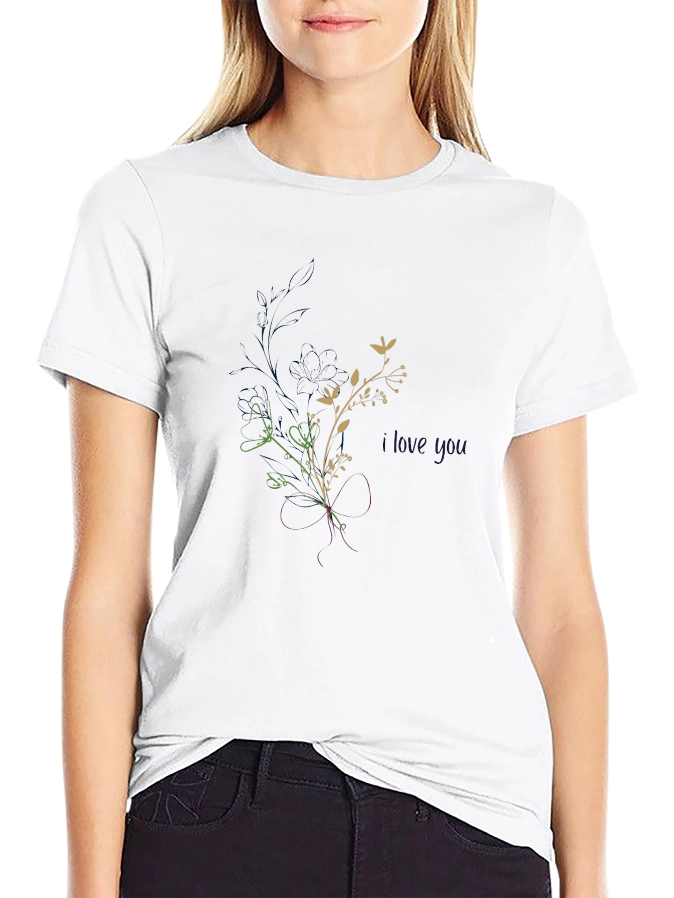 Black Floral Graphic Black T-Shirt - I Love You Design view 9