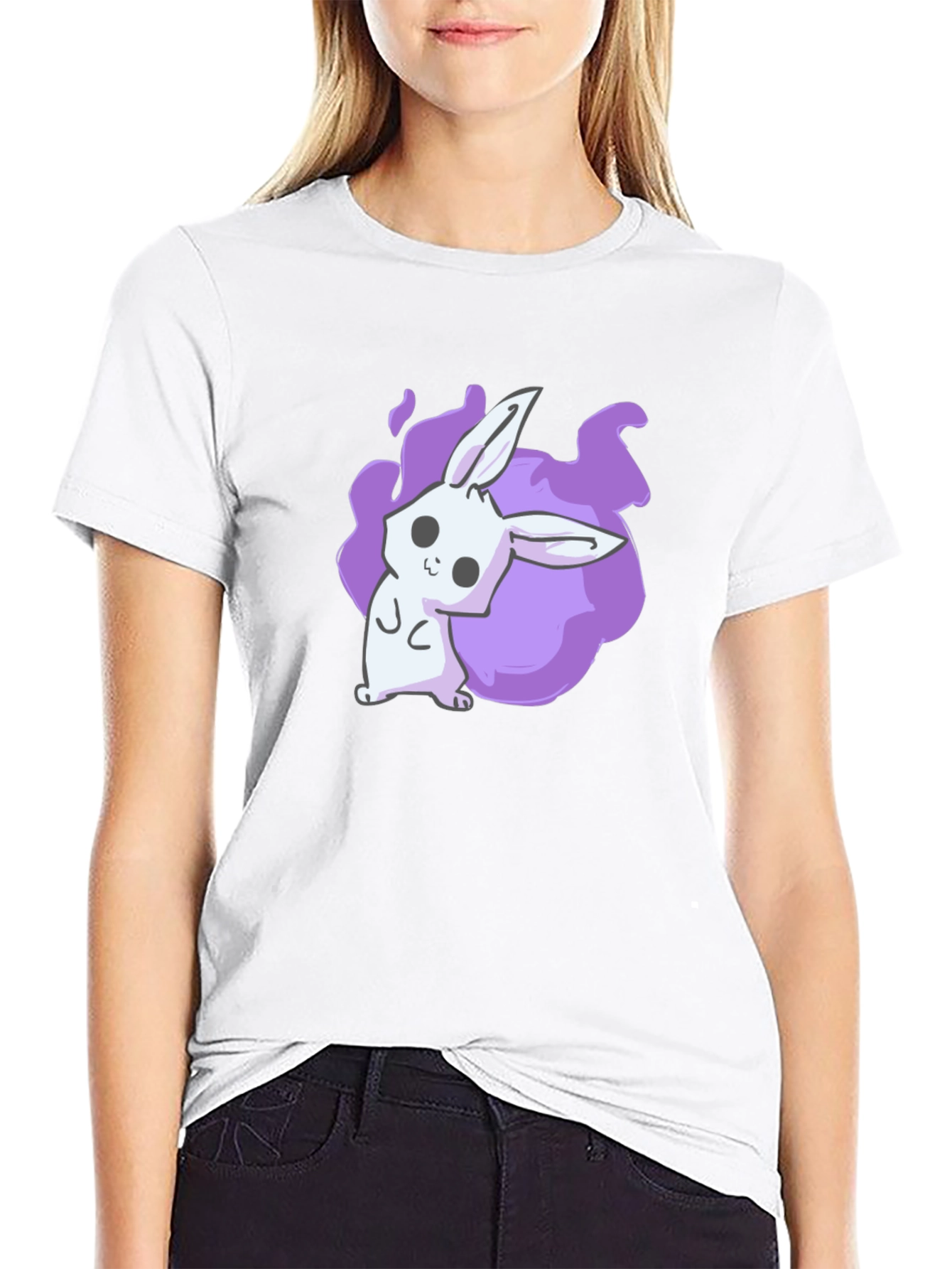 Black Cute Anime Bunny Graphic Black T-Shirt view 9
