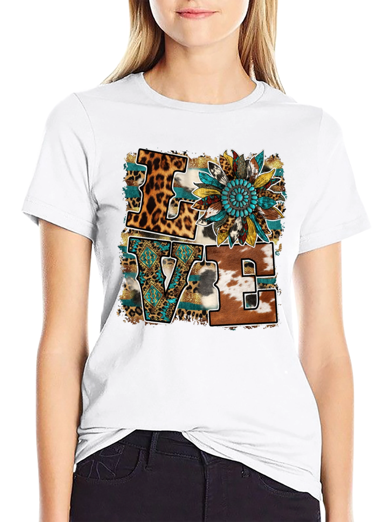 Black Western LOVE Graphic Tee - Leopard, Cowhide, Turquoise view 9