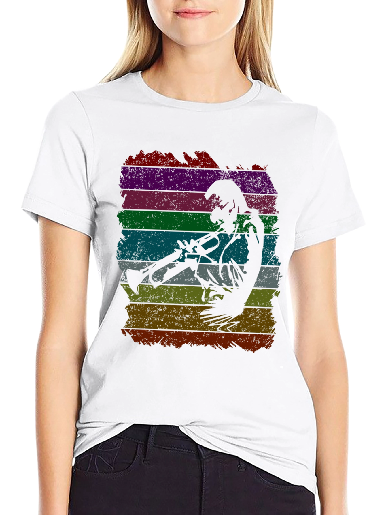Black Jazz Trumpet Player Retro Striped T-Shirt view 9