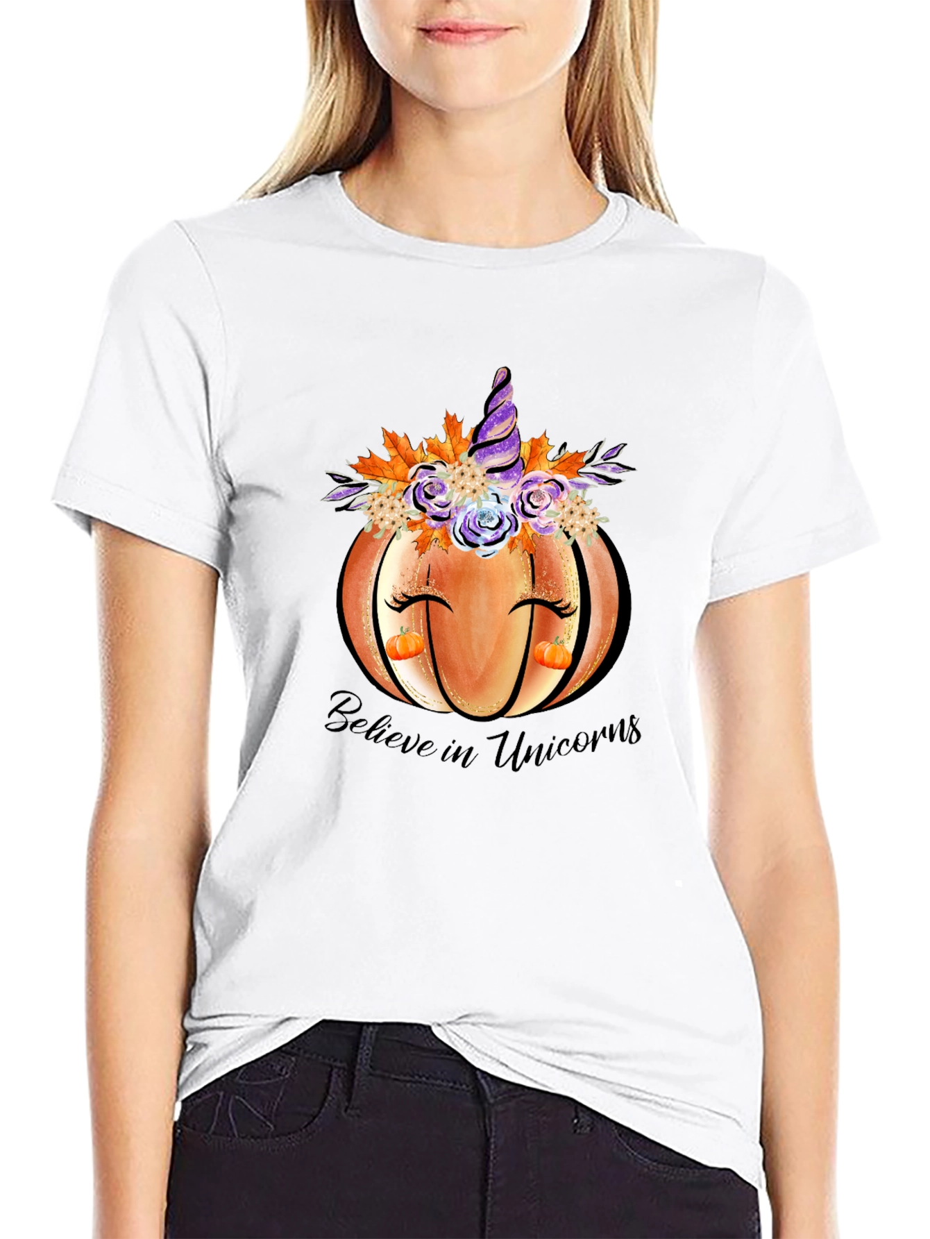 Black Pumpkin Unicorn Graphic T-Shirt Fall Tee view 9