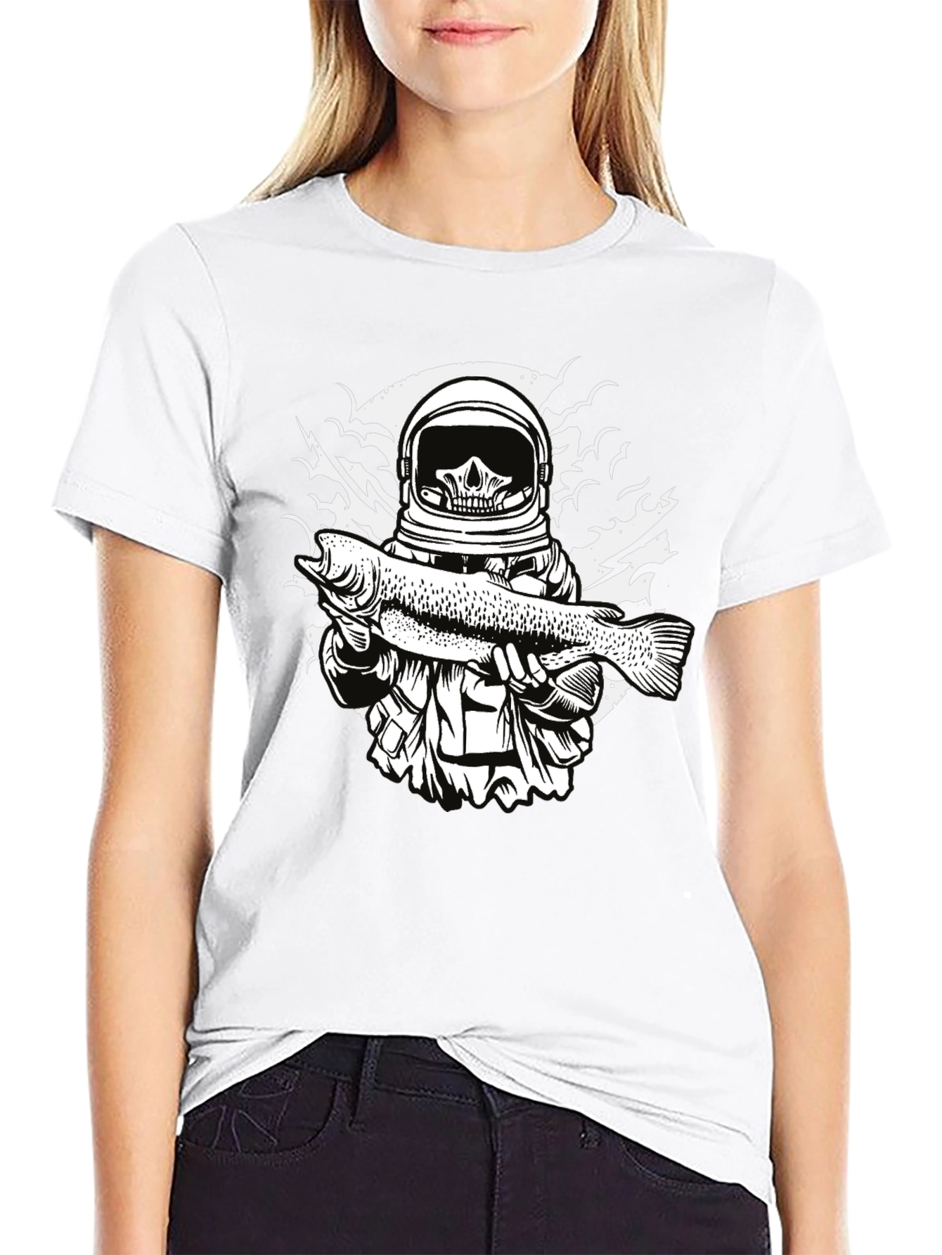 Black Astronaut Skull Fishing T-Shirt - Unique Graphic Tee view 9
