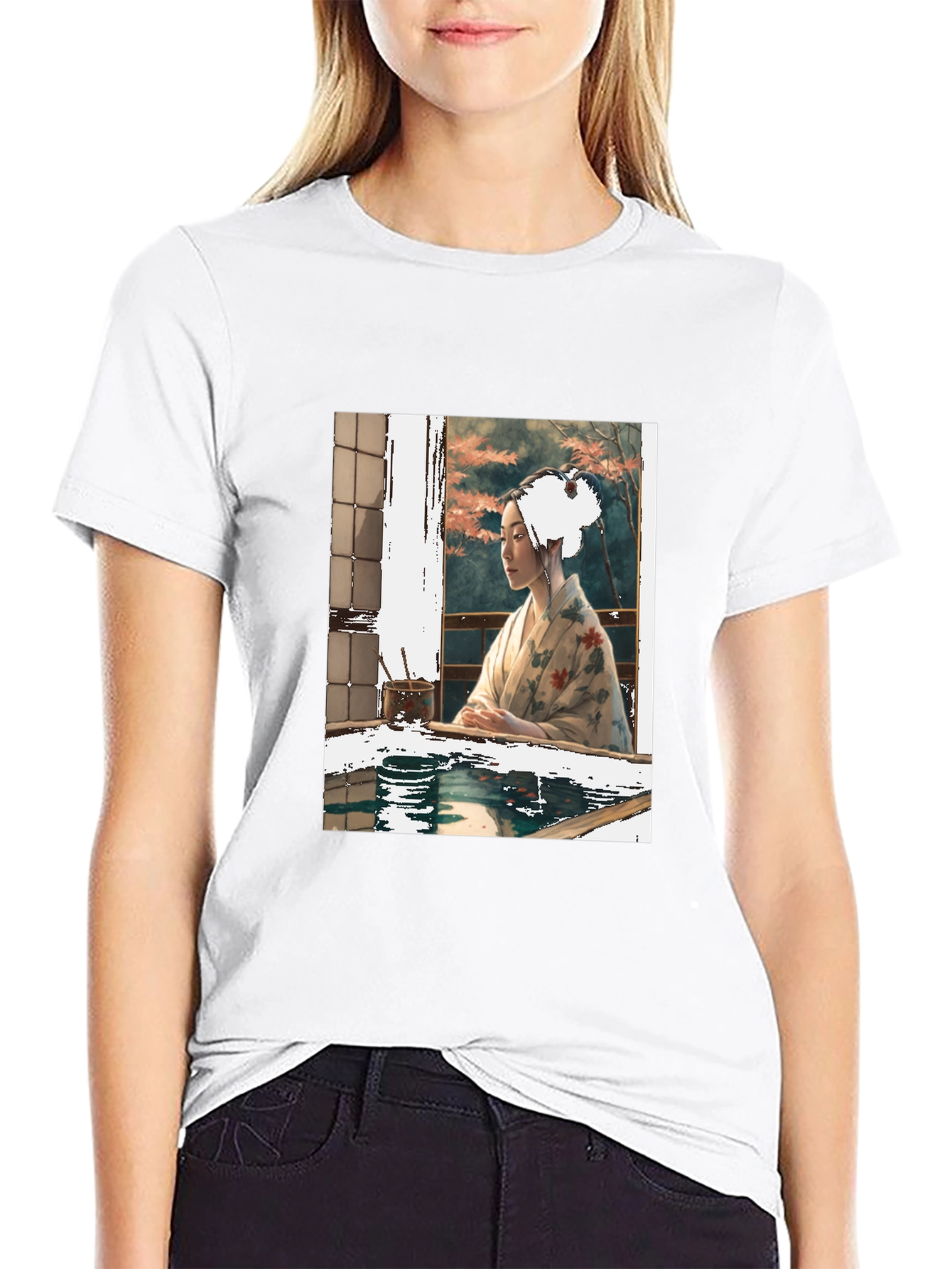 Black Elegant Geisha Art T-Shirt - Unisex Crew Neck Tee view 9