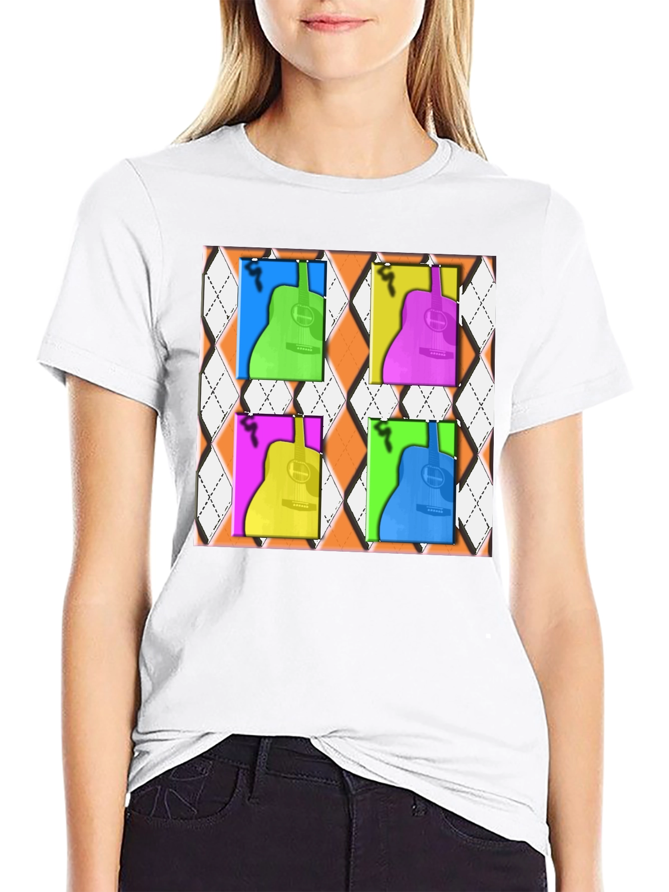 Black Pop Art Guitar T-Shirt - Modern Musical Design view 9