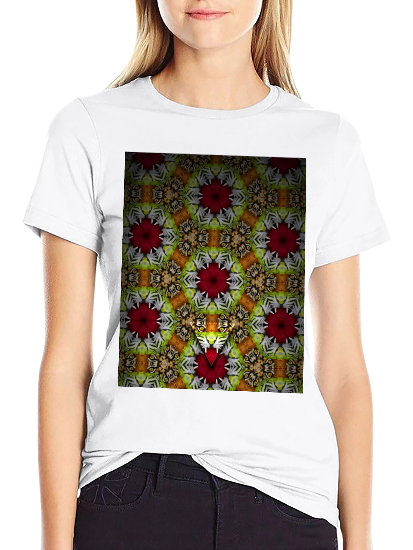 Black Kaleidoscope Floral Graphic Print Men's Black T-Shirt view 9