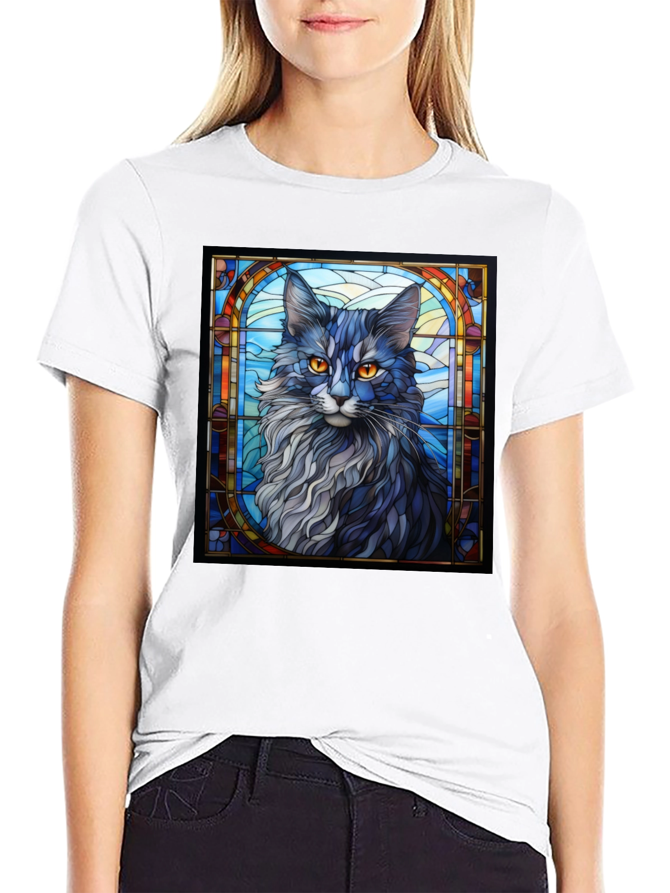 Black Stained Glass Cat Graphic Tee - Unique Design view 9