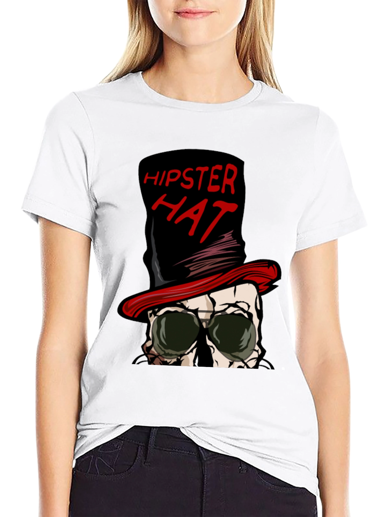 Black Hipster Hat Skull Graphic Tee view 9