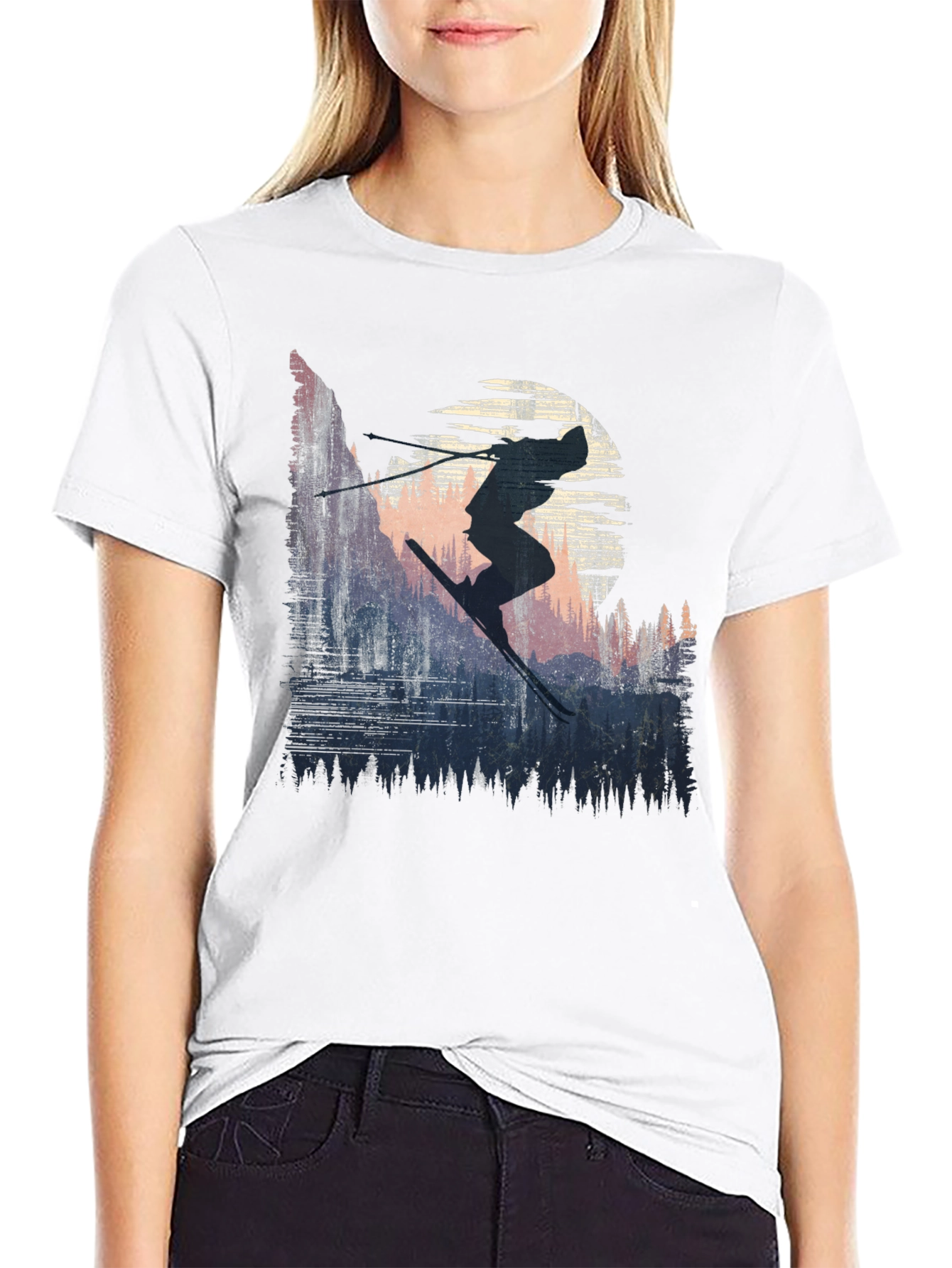 Black Skier Silhouette Graphic Tee - Black Cotton T-Shirt view 9