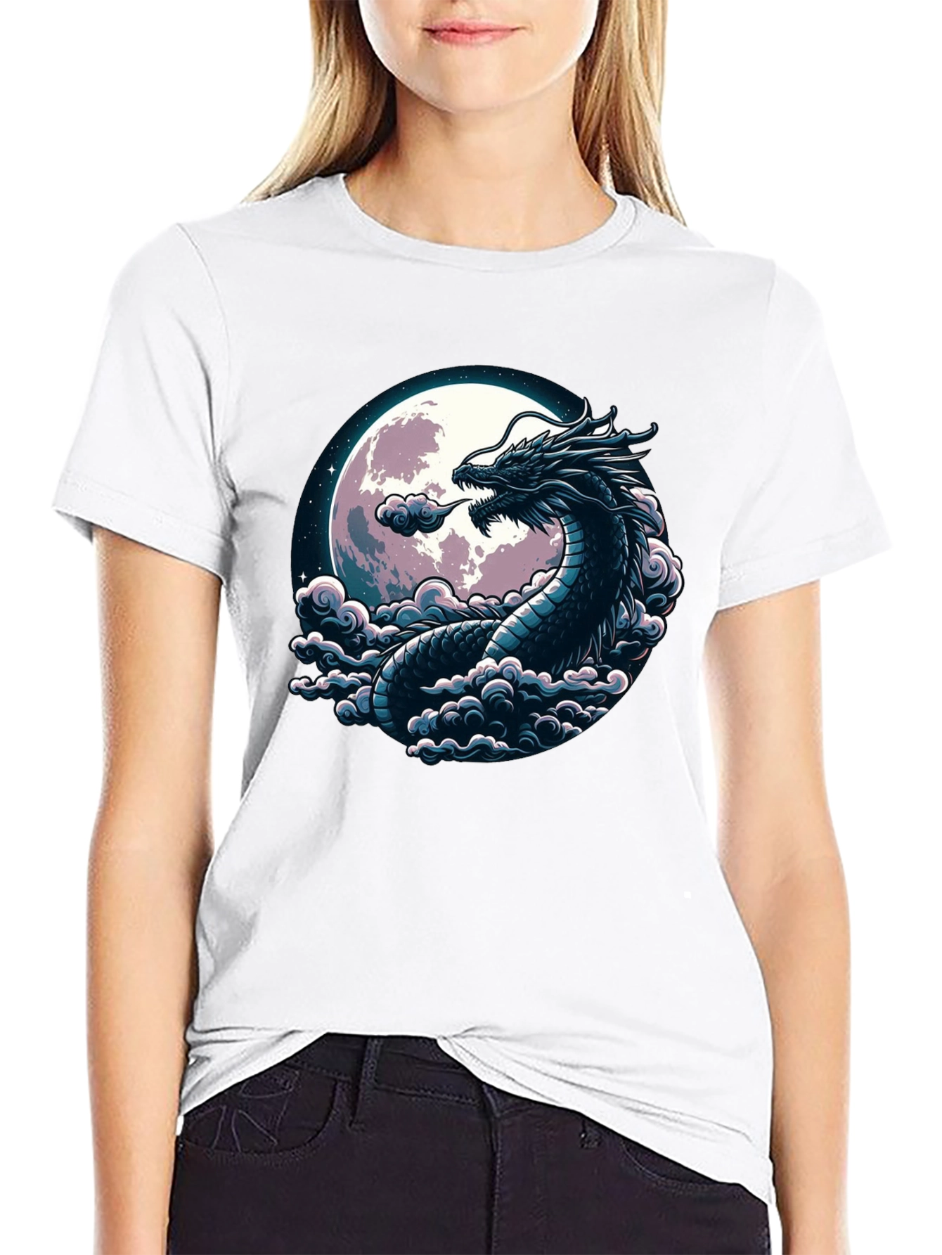 Black Dragon Moon Graphic Tee - Black Cotton T-Shirt view 9