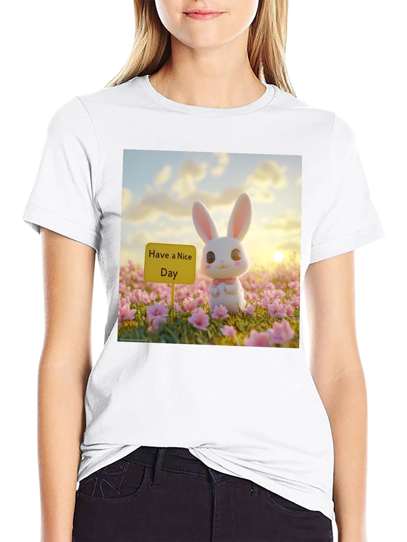 Black Cute Bunny 'Have a Nice Day' Graphic Tee view 9