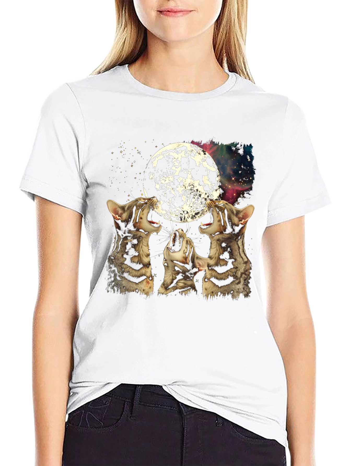 Black Three Cats Howling at Moon Graphic Tee view 9