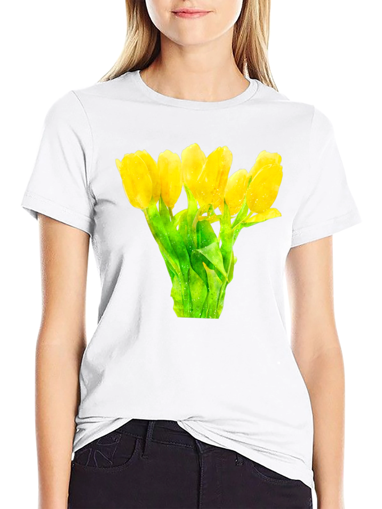 Black Floral Print Black T-Shirt -  Yellow Tulips view 9