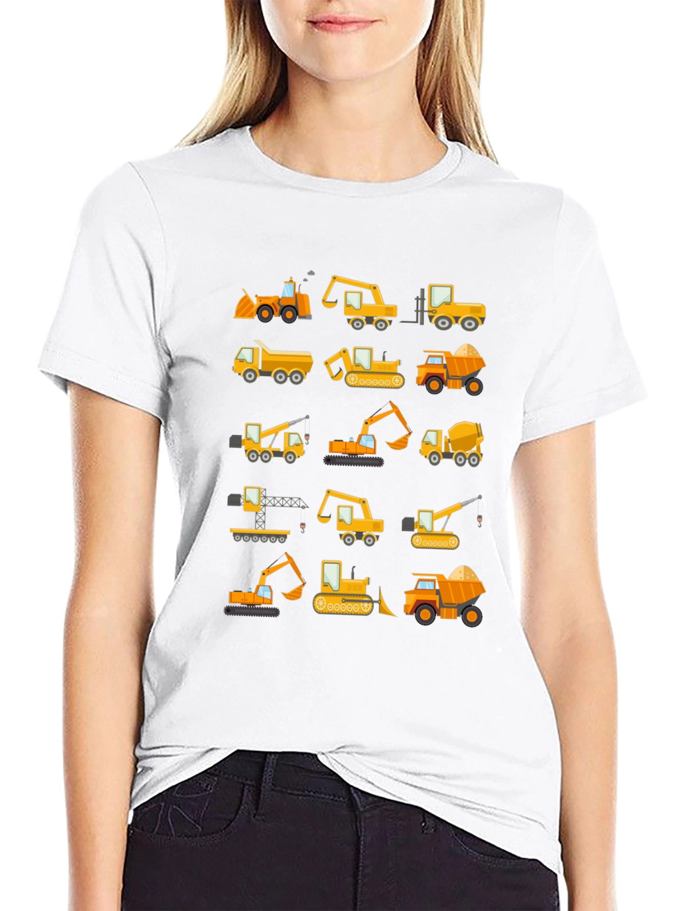 Black Construction Vehicles Pattern T-Shirt view 9