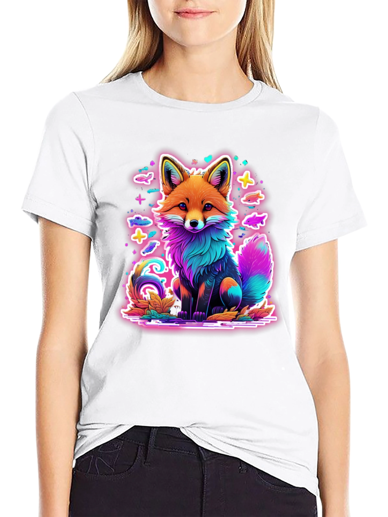 Black Neon Fox Graphic Tee - Unique Colorful Design view 9