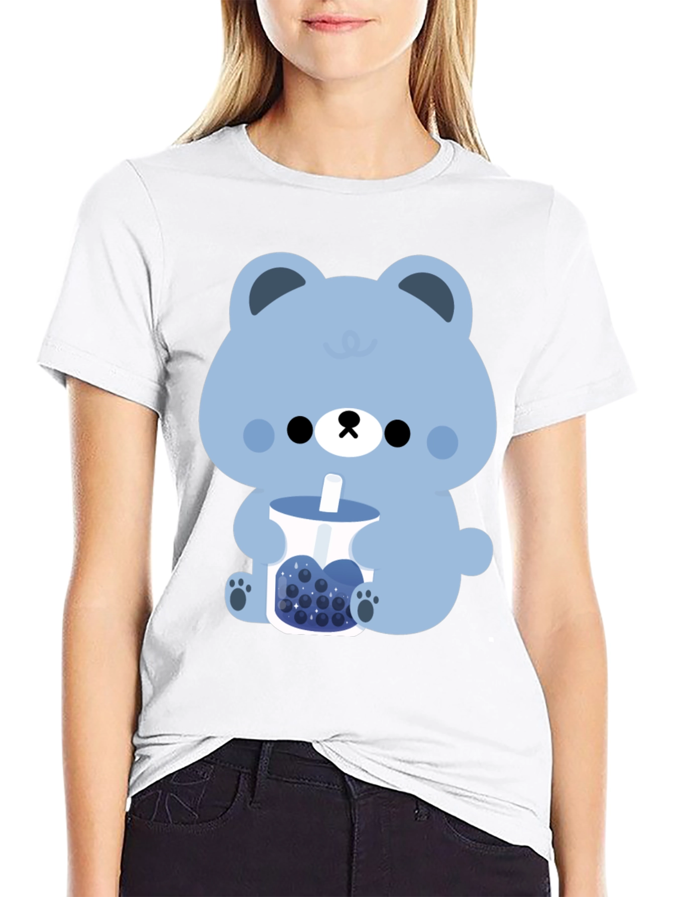Black Cute Bear Boba Tea Graphic T-Shirt view 9