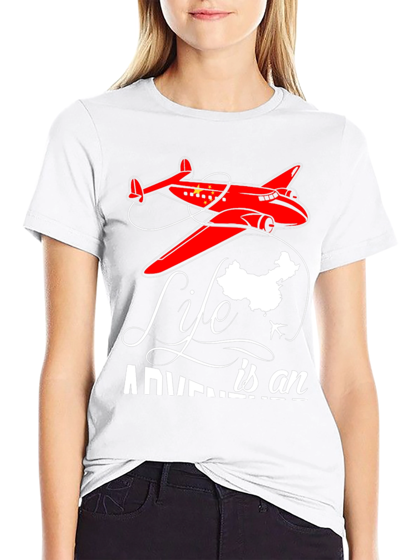 Black Adventure Life China Airplane Graphic T-Shirt view 9