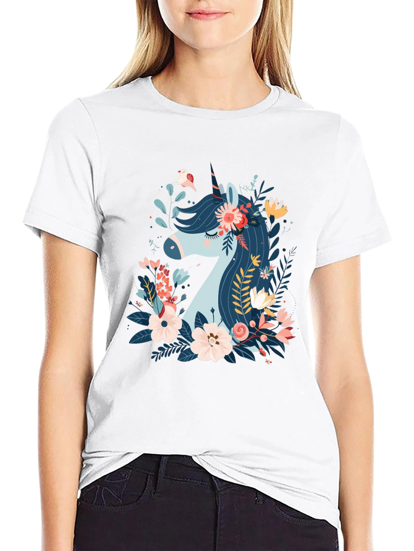 Black Floral Unicorn Graphic Print Black T-Shirt view 9