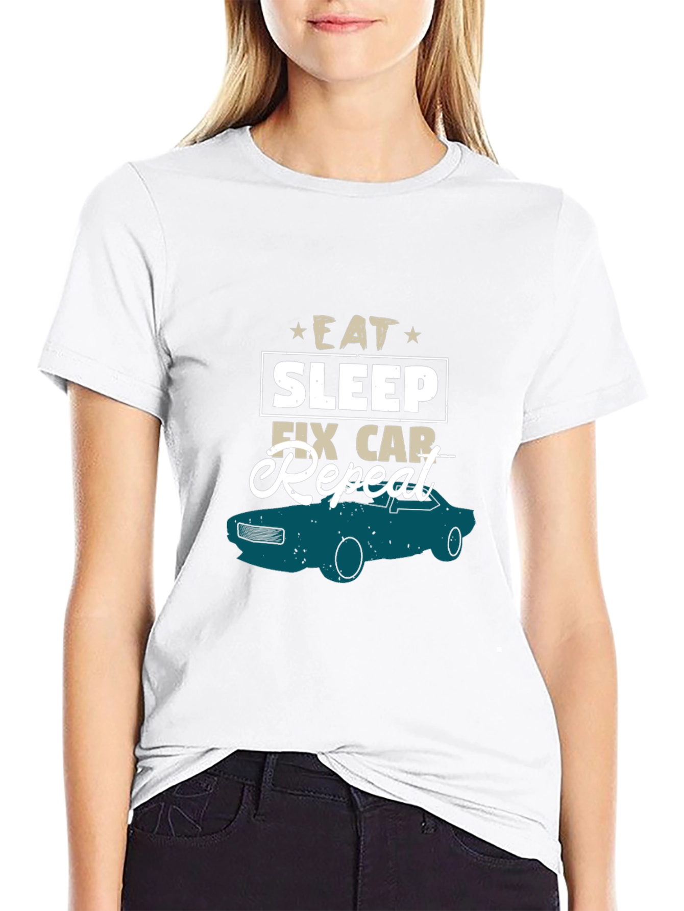 Black Eat Sleep Fix Car Repeat T-Shirt view 9