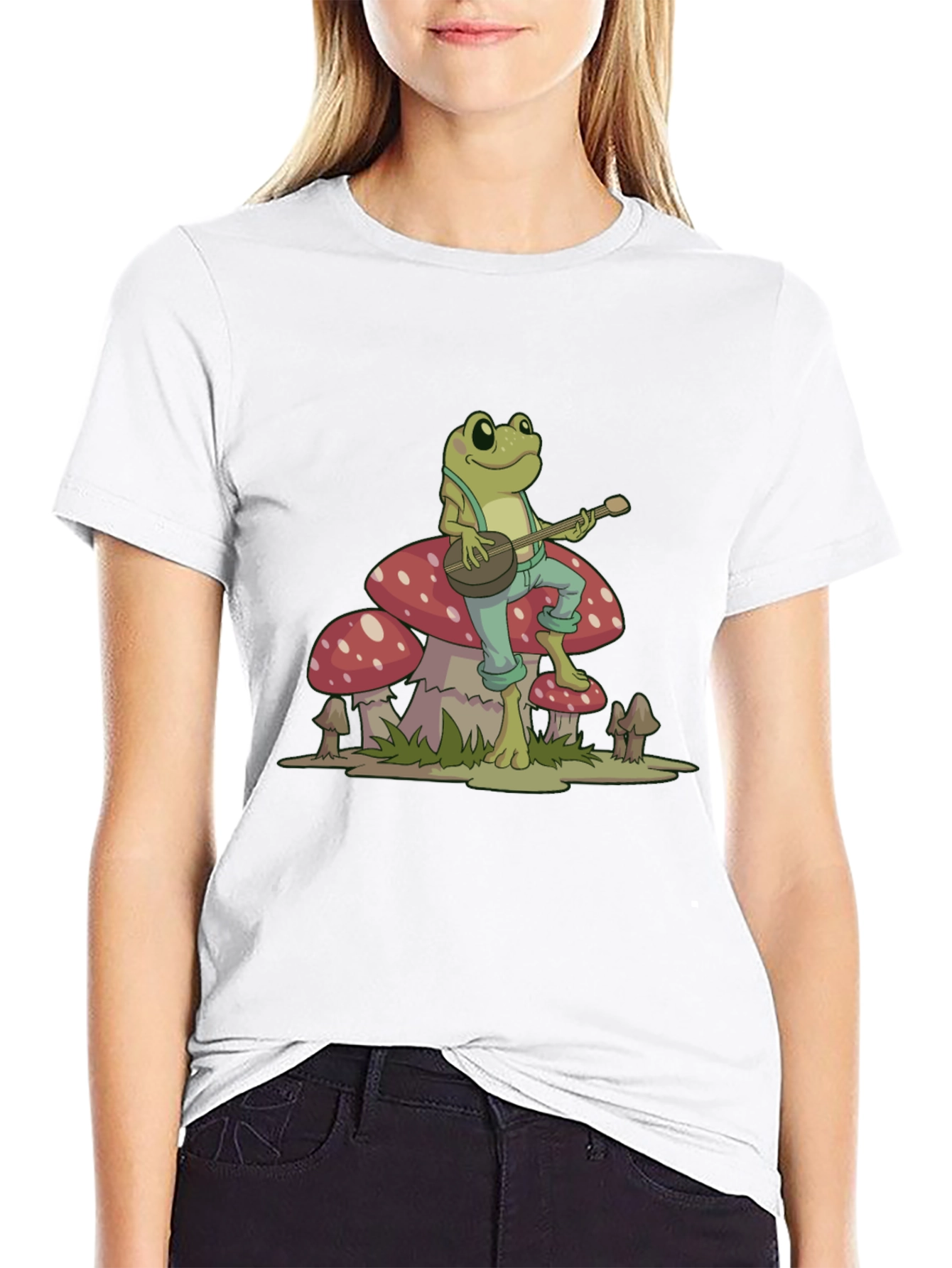Black Frog Playing Banjo on Mushroom Graphic Tee view 9