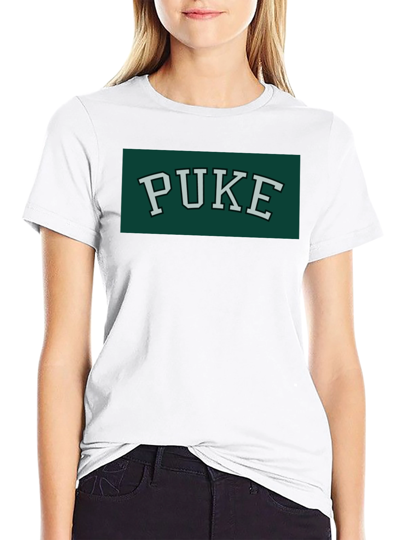 Black PUKE Text Tee - Retro College Style Graphic T-Shirt view 9