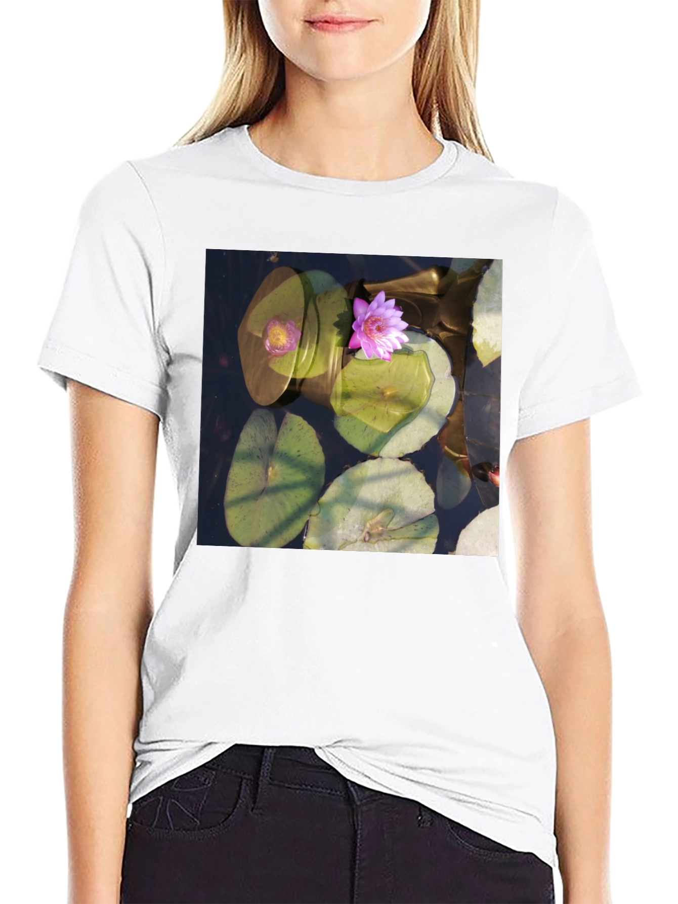Black Lotus Pond Graphic Tee - Nature Inspired Design view 9