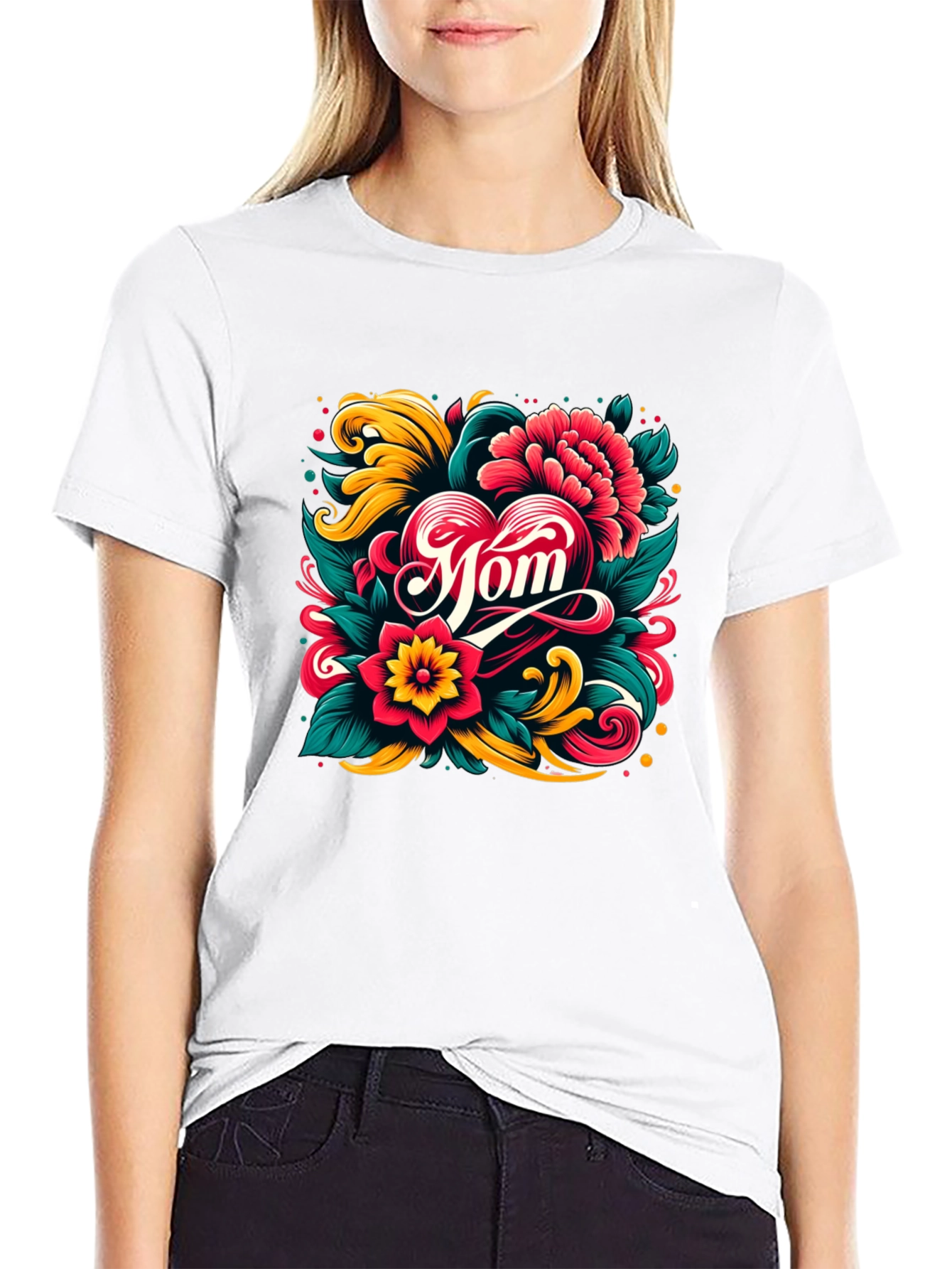 Black Mom Floral Heart Graphic Black T-Shirt view 9