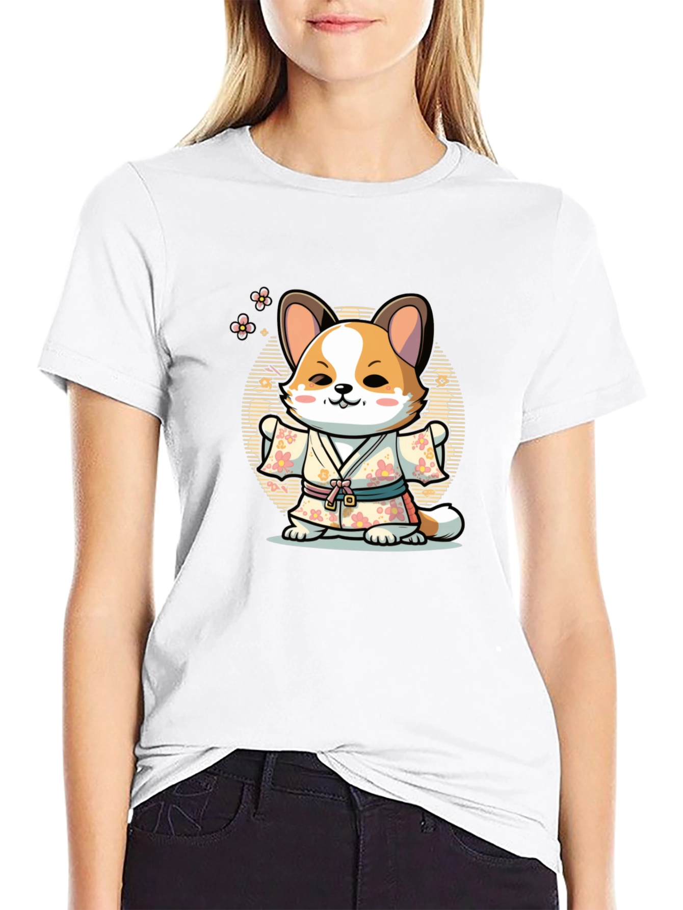 Black Cute Corgi in Kimono T-Shirt view 9