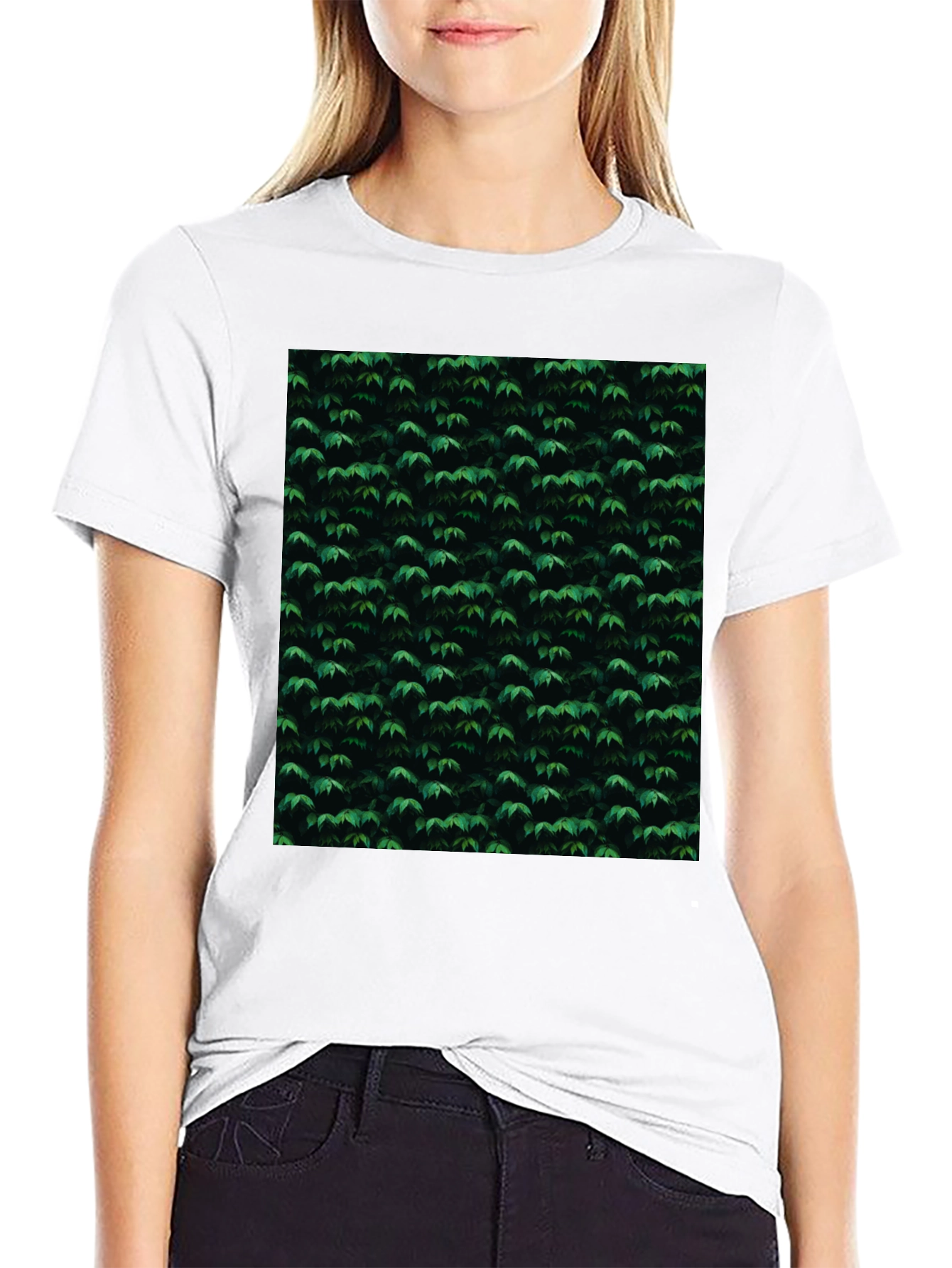 Black Stylish Black Tee with Green Leaf Pattern view 9