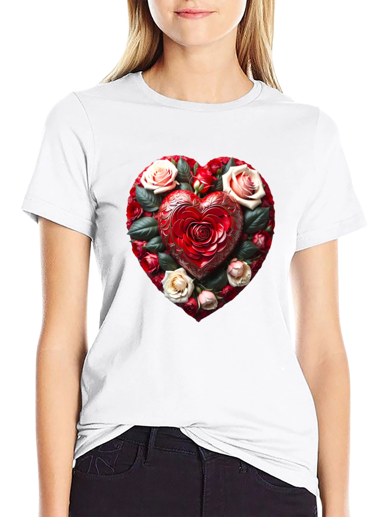 Black Romantic Rose Heart Graphic Black T-Shirt view 9
