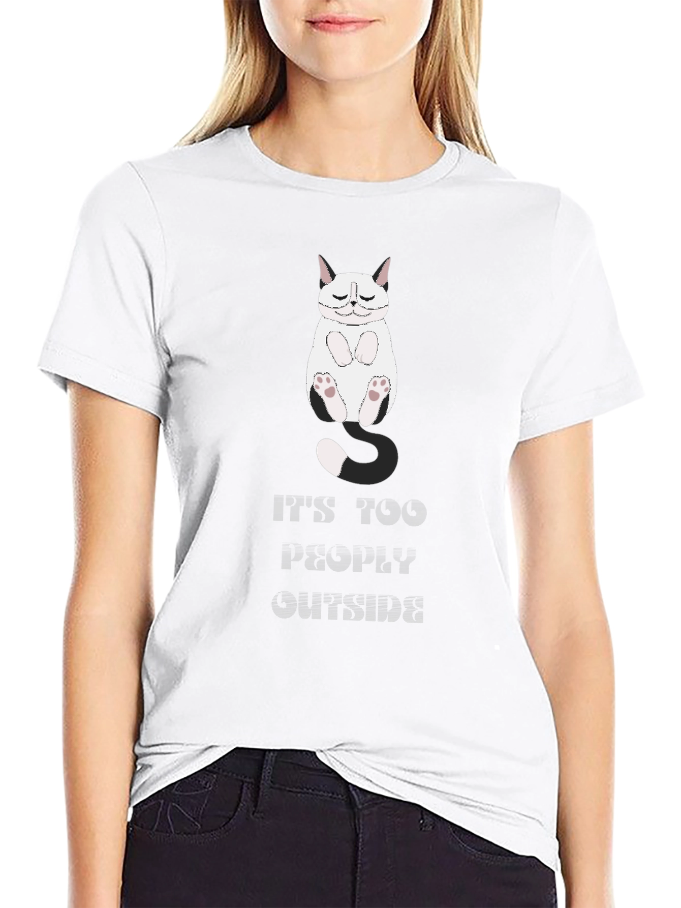 Black Funny Cat Graphic T-Shirt - "It's Too Peopley Outside" view 9
