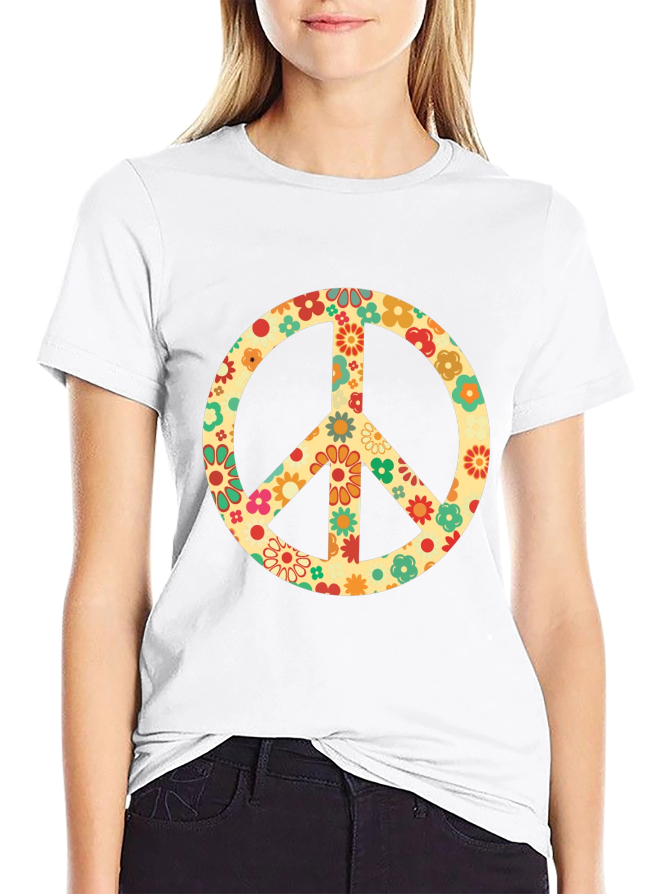 Black Retro Floral Peace Sign Graphic T-Shirt view 9